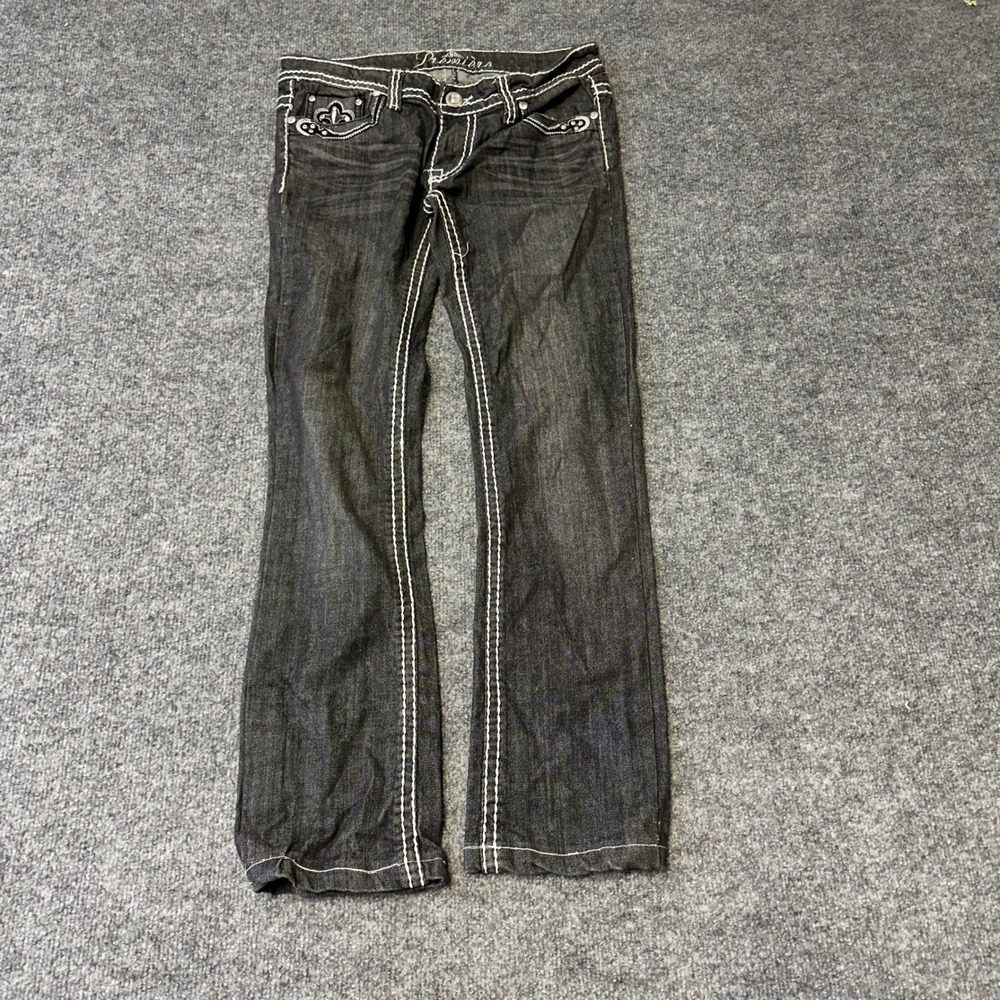 Premiere Jeans Womens Size 3/4 Black Bootcut Contrast Stitch Fleur-De-Lis Y2K